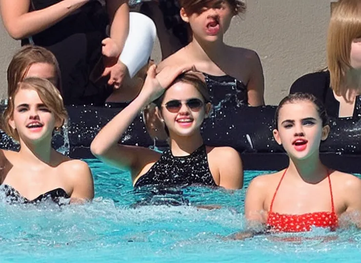 Image similar to emma watson and taylor swift and selena gomez swim together. perfect faces.