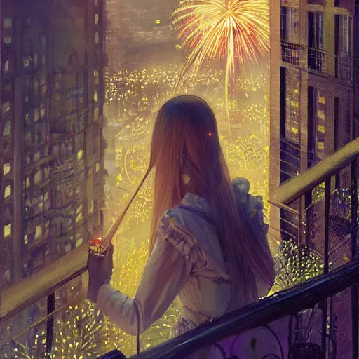 Prompt: a beautiful realistic painting of a firework festival on a balcony at night, intricate, elegant, highly detailed, digital painting, artstation, nier automata concept artsyle, by krenzcushart, artem demura, makoto shinkai, alphonse mucha