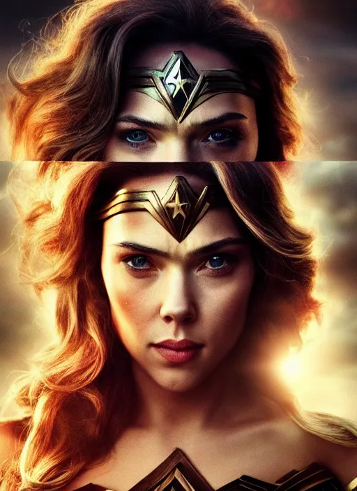 Image similar to a portrait of scarlett johannson as wonder woman, detailed faces, beautiful, rich deep colours masterpiece, golden hour, sharp focus, ultra detailed, by leesha hannigan, ross tran, thierry doizon, kai carpenter, ignacio fernandez rios