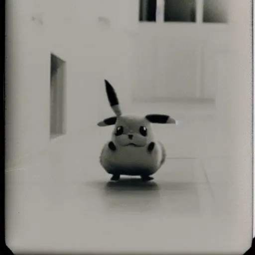 Prompt: A creepy polaroid photo of pikachu chasing you down a hallway
