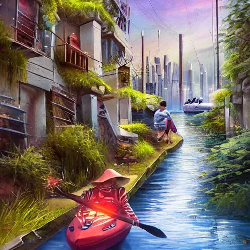 Image similar to Narrow cosy waterway in futuristic sci-fi city in harmony with nature, kayak. Nice colour scheme, soft warm colour. Beautiful detailed painting by Lurid. (2022)