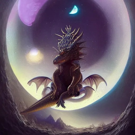 Prompt: a hyperrealistic illustration of a cute dragon that glows in the dark, mountains with fractal moonlight, award - winning, masterpiece, in the style of tom bagshaw, cedric peyravernay, peter mohrbacher