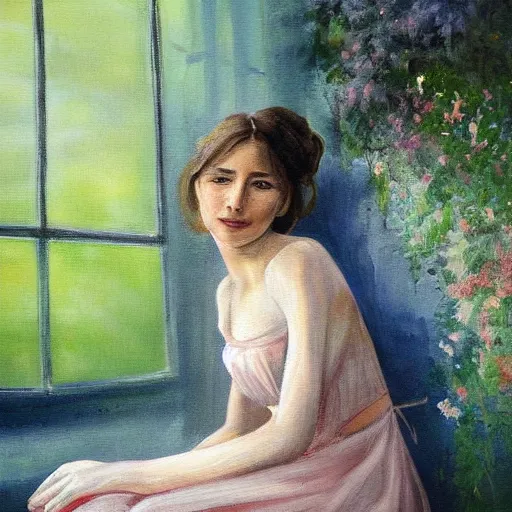 Image similar to This painting captures the beauty and mystery of the woman sitting before us. Her enigmatic smile and gaze seem to invite us into her world, and we cannot help but be drawn in. The softness of her features and the delicate way she is dressed make her seem almost ethereal. The background landscape adds to the feeling of distance and mystery, making us wonder what secrets this woman holds. Lawrence of Arabia, CryEngine, bronze by Eddie Campbell, by Hayao Miyazaki, by David B. Mattingly