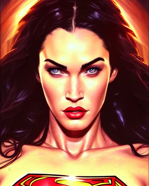 Image similar to portrait of megan fox as superman, dc, man of steel, intricate, headshot, highly detailed, digital painting, artstation, concept art, sharp focus, cinematic lighting, illustration, art by artgerm and greg rutkowski, alphonse mucha, cgsociety