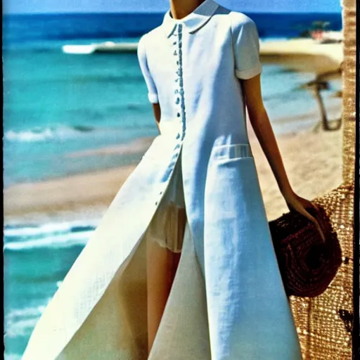 Image similar to 1 9 7 6 italia vogue magazine photo of a dress with cotton set, christian dior style, mediterranean beach background