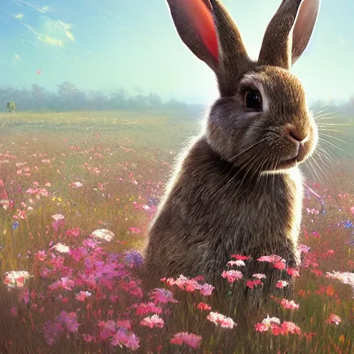 Image similar to a rabbit in a field of beautiful flowers, by stanley lau and greg rutkowski