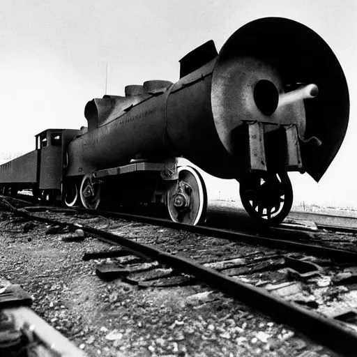 Prompt: WW2 era photograph of a rail artillery with a huge cannon pointed skyward and with Thomas the Tank Engine's face