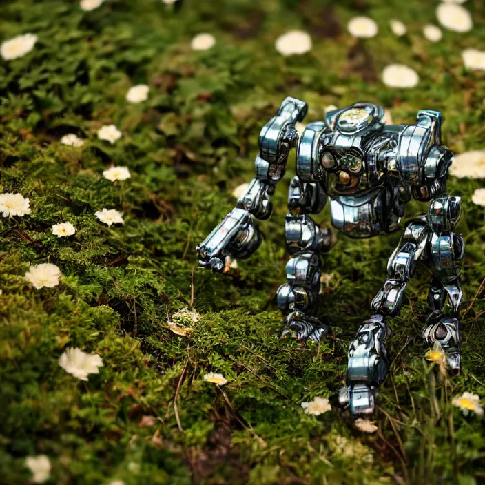 Image similar to overgrown foliage taking over a robot body on the ground, close - up, 3 5 mm, f 1. 8, bokeh, beautiful, lens flare, emotional, sweet, flowers, detailed, picture, trending on artstation, award - winning, shiny, golden