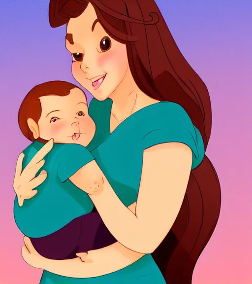 Image similar to a mother with short shoulder length dark auburn hair, short and curvy and a slightly chubby face holding her infant son with short brown hair full color digital illustration in the style of don bluth, artgerm, artstation trending, 4 k