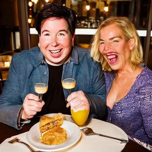 Prompt: portait of michael mcintyre and middle aged blonde woman with short hair and a blonde woman with long hair having dessert at sunday in brooklyn restaurant