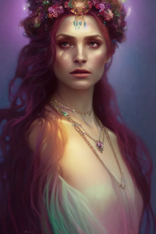 Image similar to ombre velvet gown, beautiful elegant dryad, portrait, dramatic light on face, long hair, tiara, dozens of jeweled necklaces, by greg rutkowski, brom, anato finnstark, alphonse mucha, oil painting, highly detailed, cinematic lighting, unreal,