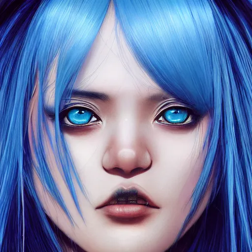 Image similar to full face shot of rimuru tempest, sky blue straight hair, long bangs, with amber eyes, wearing a black jacket, high collar, ultra detailed, concept art, award winning photography, digital painting, cinematic, wlop artstation, closeup, pixiv, evil, yoshitaka amano, andy warhol, ilya kuvshinov,