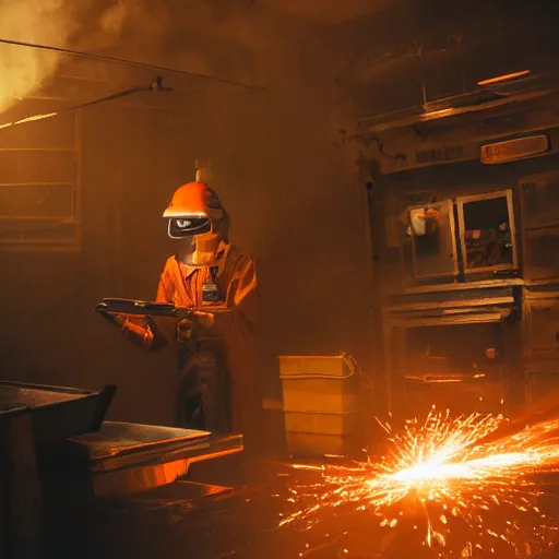 Image similar to cyborg toaster oven repairman, dark messy smoke - filled cluttered workshop, dark, dramatic lighting, orange tint, sparks, plasma rays, cinematic, highly detailed, sci - fi, futuristic, movie still, rule of thirds composition