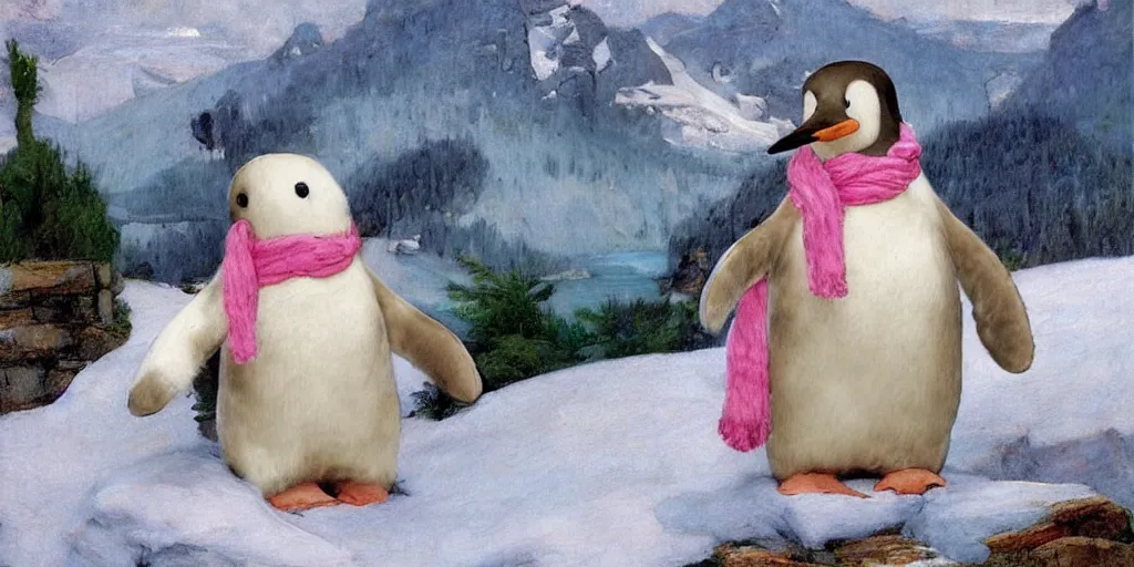 Prompt: 3 d precious moments plush penguin with realistic fur and an blue / white / gray / green / pink / tan / mid pink / blue gray color scheme, snowy mountain landscape, master painter and art style of john william waterhouse and caspar david friedrich and philipp otto runge