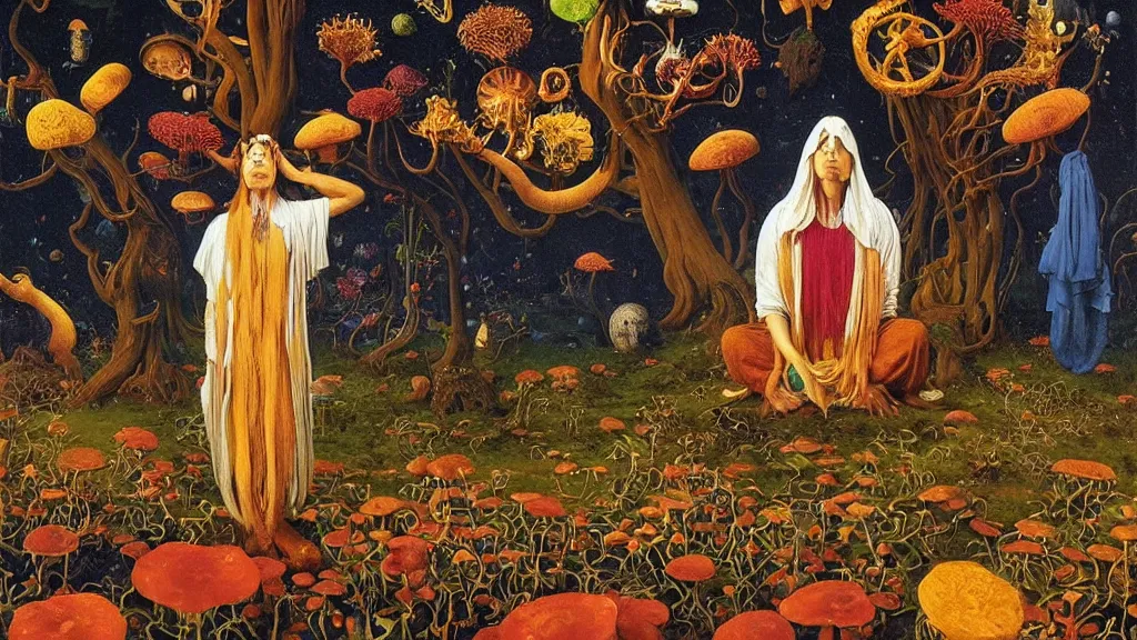 Prompt: a meditating druid shaman surrounded by a single colorful! ( lovecraftian ) golden fungus tower white! clear empty sky, a high contrast!! ultradetailed photorealistic painting by jan van eyck, audubon, rene magritte, agnes pelton, max ernst, walton ford, andreas achenbach, ernst haeckel, hard lighting, masterpiece