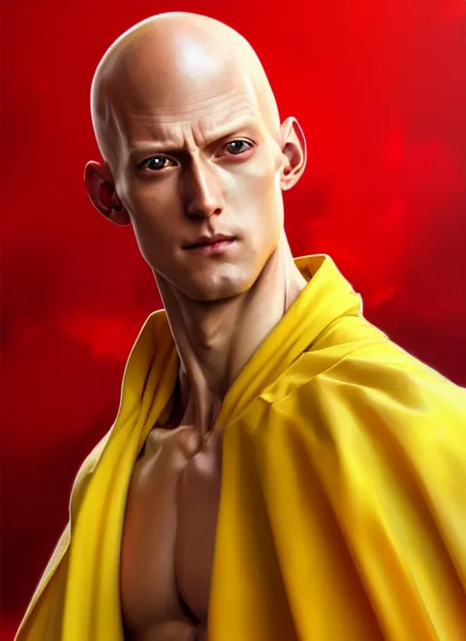 Image similar to ultra realistic illustration, handsome saitama. yellow and red cape, intricate, elegant, highly detailed, digital painting, artstation, concept art, smooth, sharp focus, illustration, art by artgerm and greg rutkowski and alphonse mucha and wlop