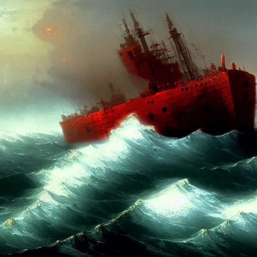 Image similar to bloody ocean, rusted iron ship sinking in red blood ocean, by Ivan Aivazovsky, junji ito, hd 8k