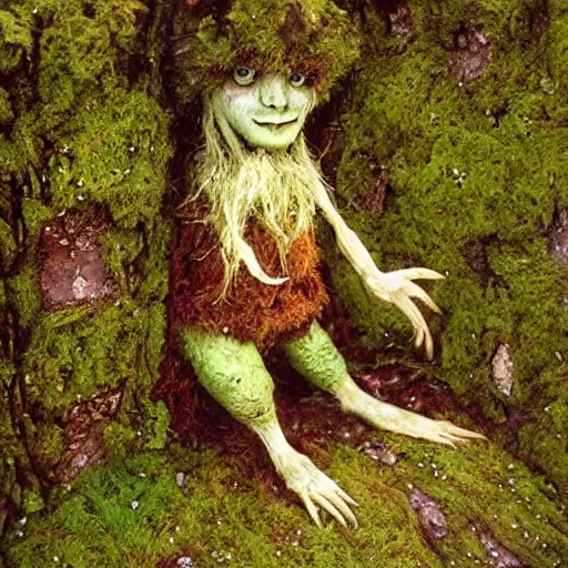 Image similar to a cute friendly mossy trollmancer made of moss and wood by brian froud, insanely detailed, forestpunk,