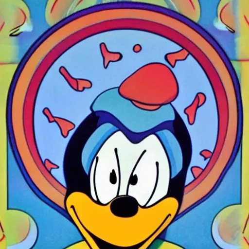 Image similar to donald duck having a psychedelic dmt mushroom lsd trip