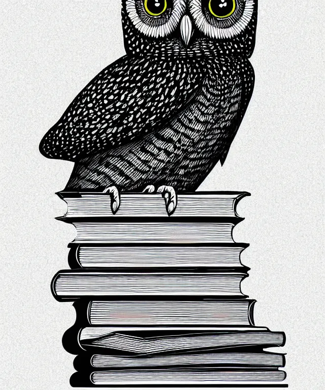 Image similar to owl perched on top of a stack of books, art by james o barr, black ink, black and white, vector, vector art