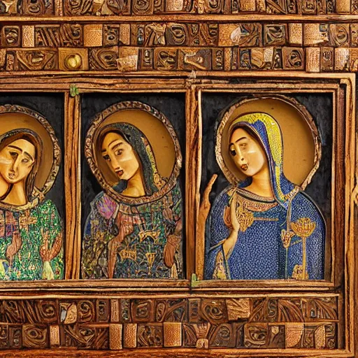 Prompt: Amazed 3 sisters of the congregation open the intricate wooden box, golden light shines on their faces while they open the lid, highly detailed