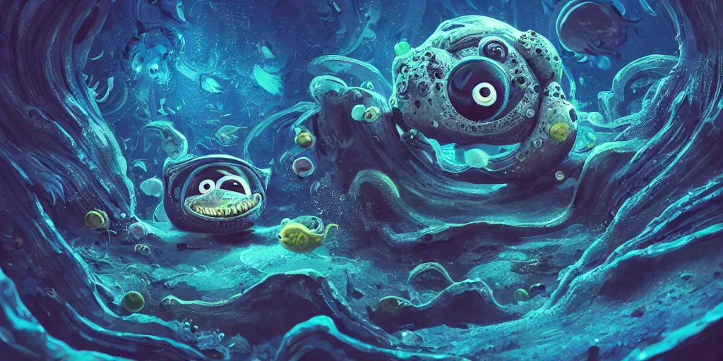 Image similar to of an intricate deep sea with strange cute friendly happy creatures with huge eyes, long tongue, round teeth and goofy funny face, appearing from the background, in the style of gehry and gaudi, macro lens, shallow depth of field, ultra detailed, digital painting, trending artstation, concept art, illustration, cinematic lighting, photorealism, epic, octane render