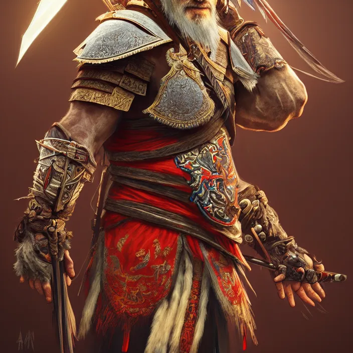 Prompt: symmetry! portrait of a old male caucasian warrior, outfit decorated with chinese patterns, assassin's creed, horizon zero dawn machine, intricate, elegant, highly detailed, digital painting, artstation, concept art, smooth, sharp focus, illustration, volumetric lightning, ue 5, art by artgerm and greg rutkowski and alphonse mucha, 8 k