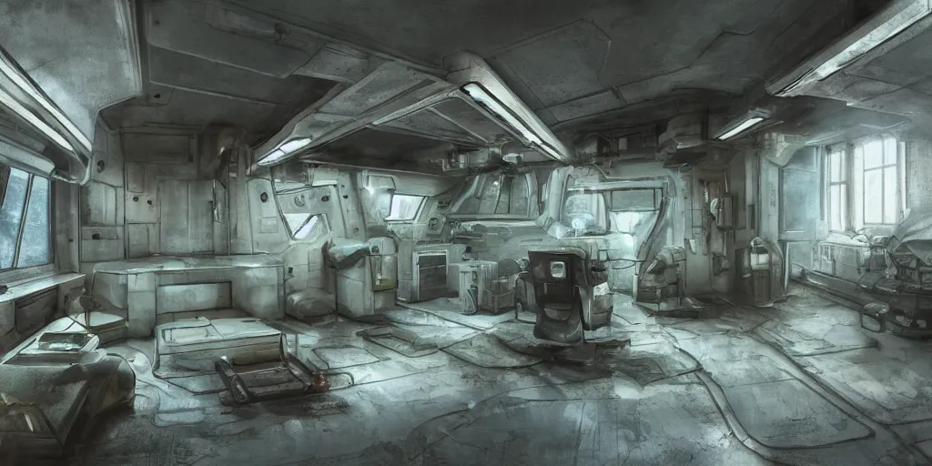 Image similar to faded steel industrial spaceship cramped living quarters painted clean interior room sci - fi, moody lighting
