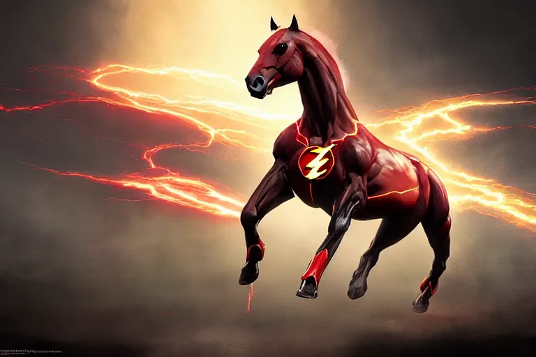 Image similar to a stunning digital painting of a horse as the flash in spandex costume, running in the speedforce by greg rutkowski, volumetric light, digital art, fine detail, photorealistic