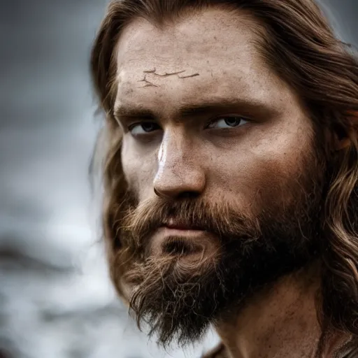 Prompt: hyperrealistic photograph of a brown-haired viking Jesus Christ, 8k, profile picture, cinematic, high contrast, epic real fantasy, stoic facial expression, looking at the camera