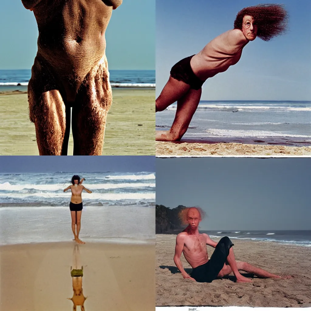 Prompt: portait of human ostrich hybrid at the beach, photograph by annie leibovitz