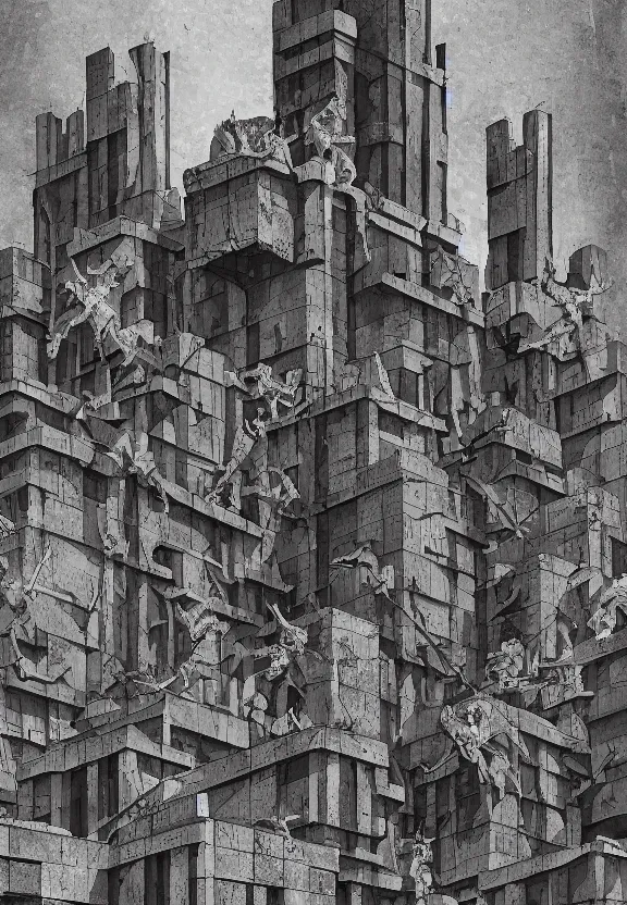 Image similar to [Brutalist bunker adorned with gargoyles and checkered flags. Propaganda poster!, intricate, elegant, highly detailed, digital painting, artstation, concept art, matte, sharp focus, illustration]