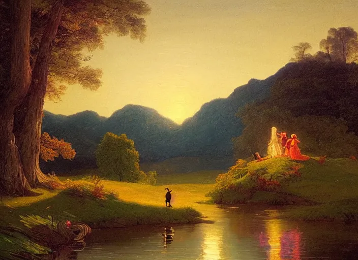 Prompt: american realist romanticism landscape painting of winnie the pooh characters at night, night time, colorful paper lanterns, in the style of hudson river school and thomas cole and albert bierstadt and robert duncanson and vincent van gogh