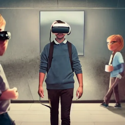 Prompt: beautiful hyper-realistic style cinematic work where a man with virtual reality glasses appears, in the background you can see a happy teenager with his notebooks and his backpack on