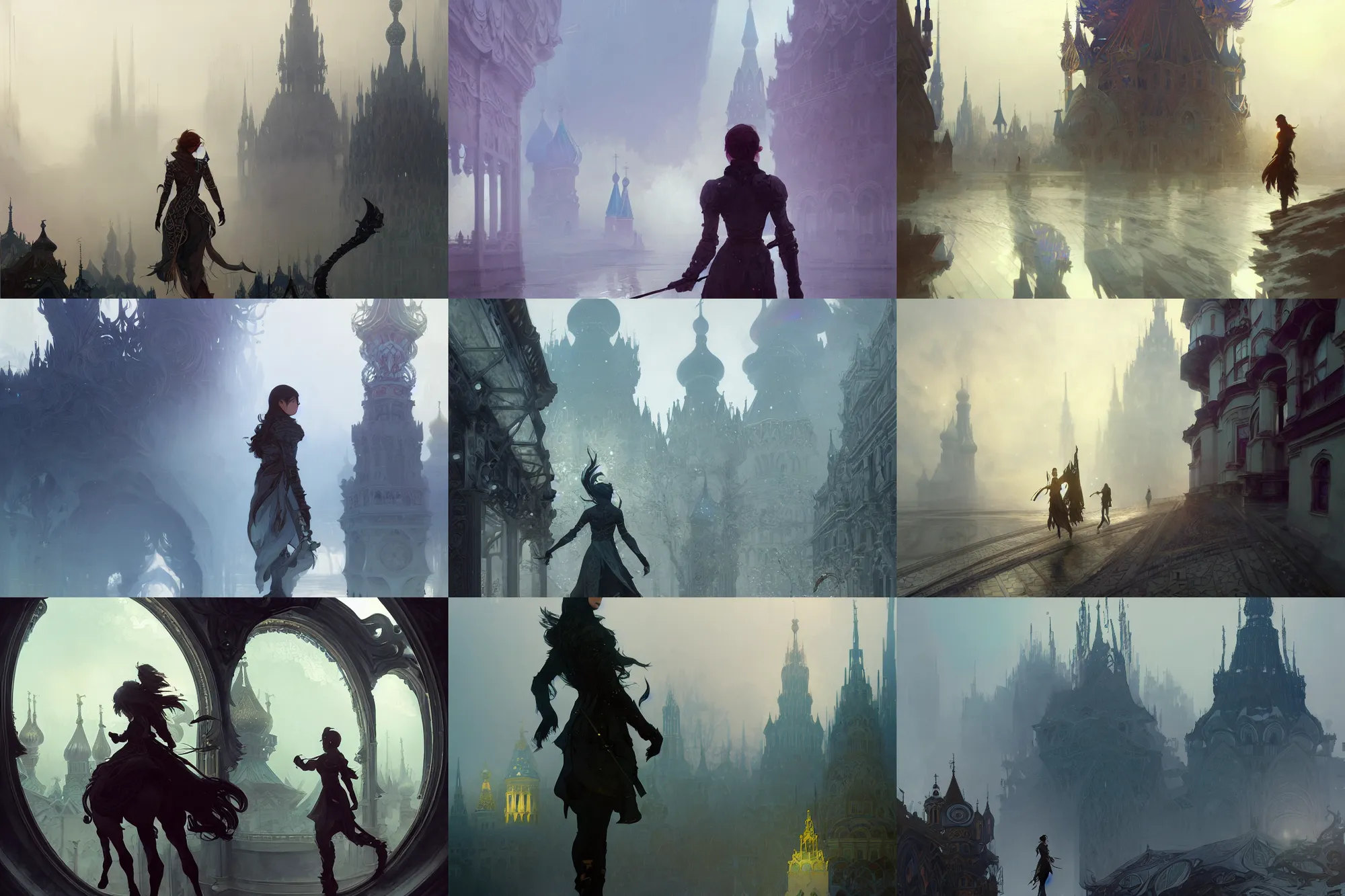 Prompt: detailed illustrations of shadow and bone characters, action poses, weapons, fullbody, refractive and reflective and iridescent, russian architecture in the distance, misty, by ruan jia, by conrad roset, by yoshitaka amano, by alphonse mucha, cgsociety, artstation, portfolio quality.