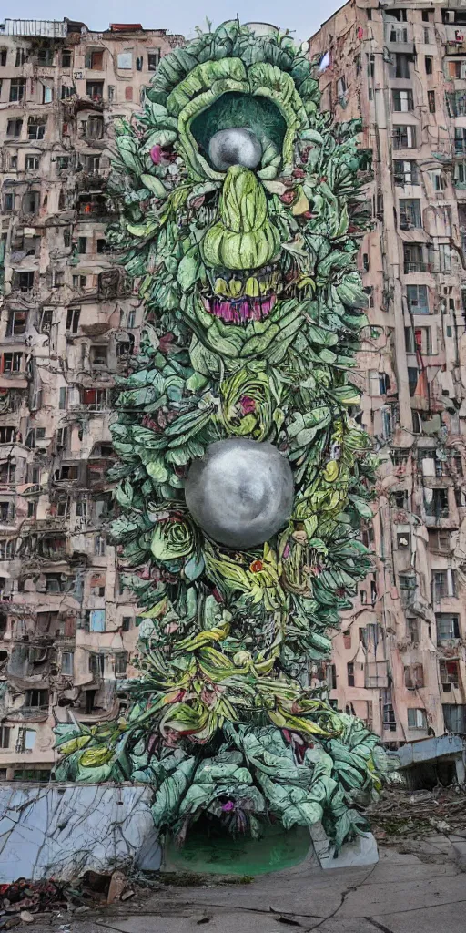 Image similar to giant grotesque flower in the middle of abandoned post soviet constructivist cityscape, ultradetailed by Josan Gonzalez and Giuseppe Arcimboldo