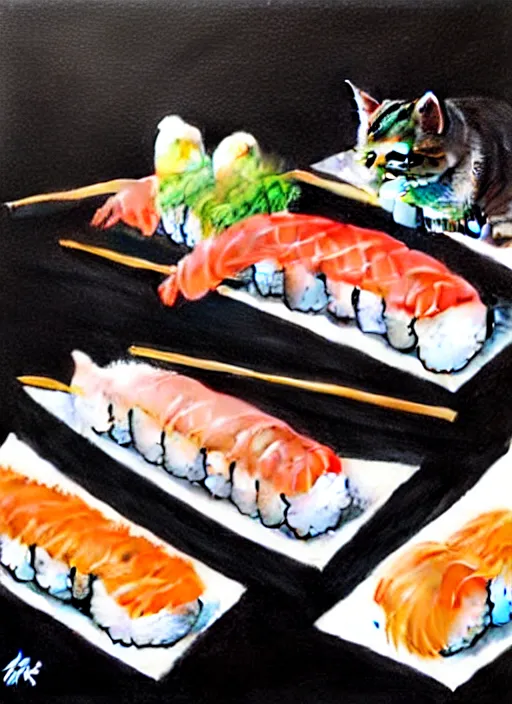 Image similar to clear photorealistic picture of adorable cats made out of sushi