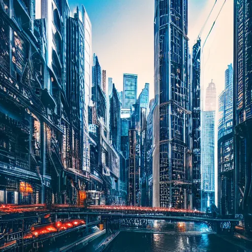 Image similar to incredibly detailed, beautiful futuristic cyberpunk Chicago