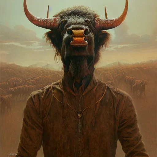 Image similar to portrait of Josh Allen wearing Bison head, dark fantasy, Warhammer, artstation painted by Zdzisław Beksiński and Wayne Barlowe