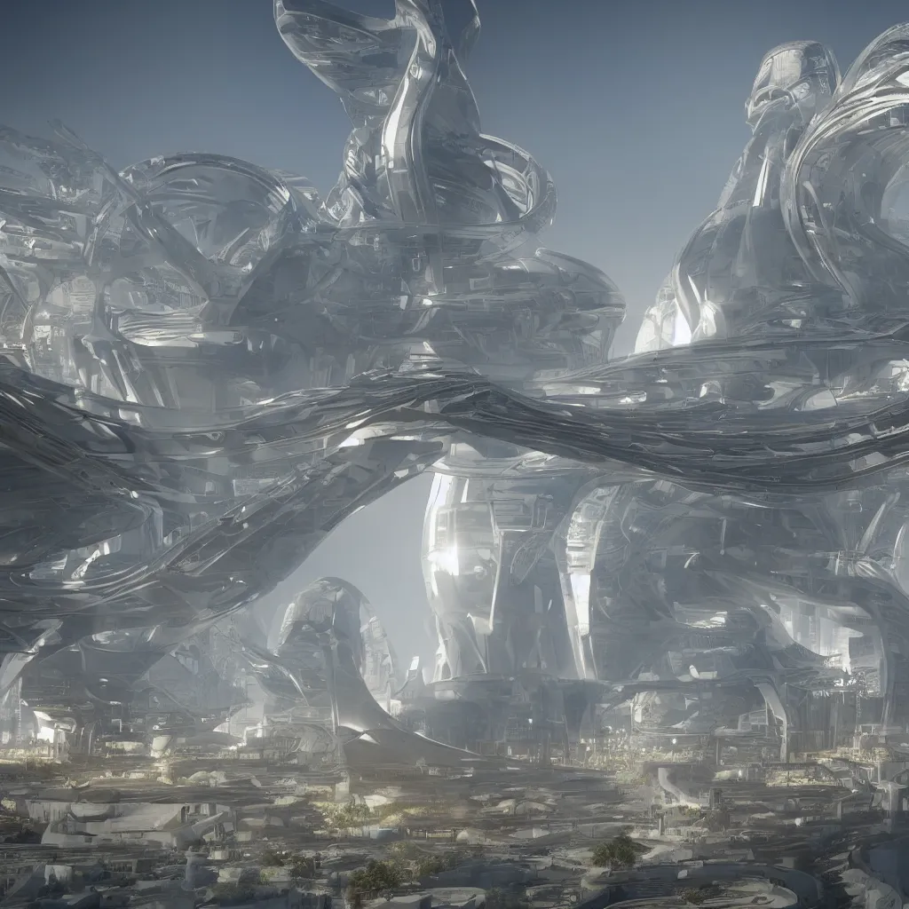 Image similar to a futuristic solar punk highly detailed temple to artificial intelligence designed by zaha hadid, a golden statue of athena stands in the center, immersive experience, panoramic view, unreal engine