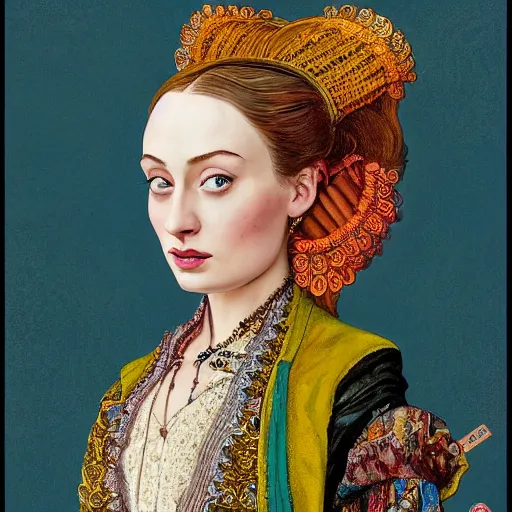 Prompt: a detailed portrait of a fashionable sophie turner wearing a javanese victorian outfit the style of william blake and norman rockwell, kubrick, vibrant color scheme, artstationhd