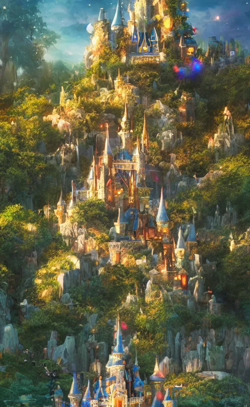 Prompt: microscopic castle on a hill, magical forest, community, robots, electric, furry, soft, concept art, intricate details, highly detailed, photorealistic, disney pixar, octane render, iridescent, anime, 8 k