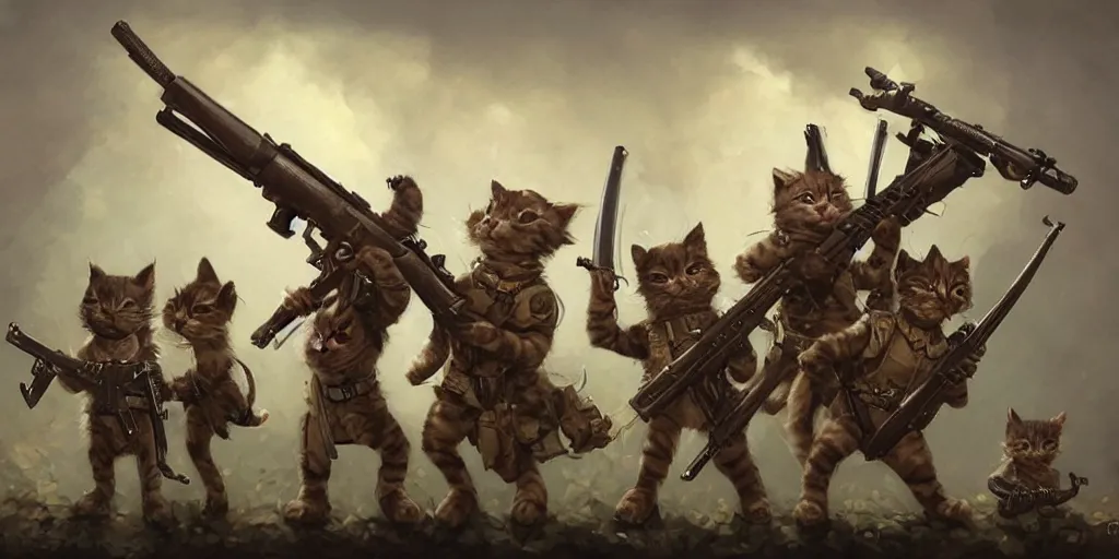 Image similar to Eight cute little anthropomorphic kitten soldiers holding M1 Garand rifles, tiny, small, miniature kitten, baby animal, short, cute and adorable, pretty, beautiful, DnD character art portrait, matte fantasy painting, DeviantArt Artstation, by Jason Felix by Steve Argyle by Tyler Jacobson by Peter Mohrbacher, cinematic lighting