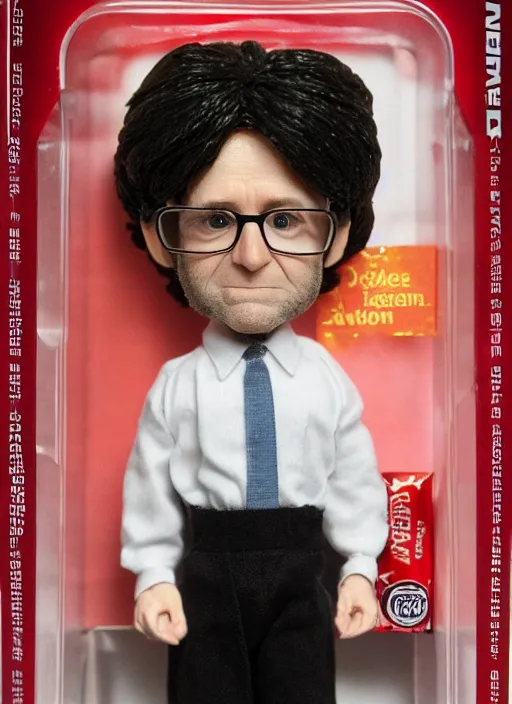 Prompt: black series action figure doll of charlie kaufman with glasses, still in package, pristine, from the film being john malcovich, highly detailed toy