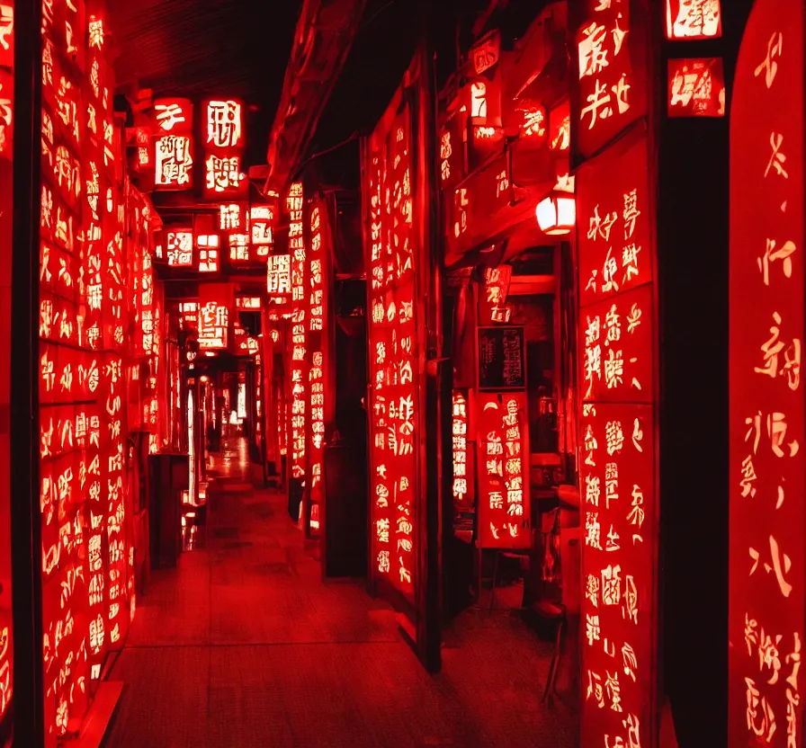 Prompt: spooky photo of a dark infinite hallway of a japanese izakaya with open lit doorways all the way down, dramatic lighting, smoke, ceiling fluorescent lighting, black and red colour palette