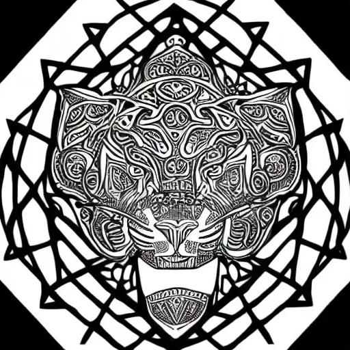 Image similar to jaguar head tattoodesign, sacred geometry, symmetrical, frontview, black and white, white background. very detailed ink drawing, fine lineart, extremely detailed