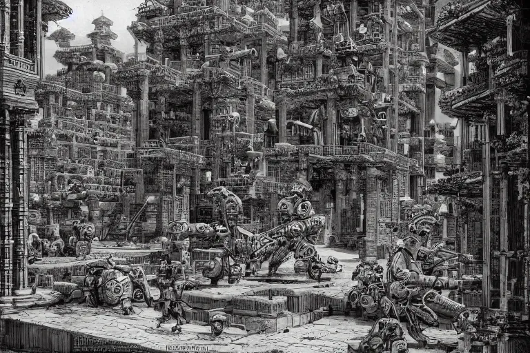Prompt: ancient city of Babylon, hanging gardens of babylon. Robot mechas roaming the streers of ancient babylon. By beethoven, highly detailed