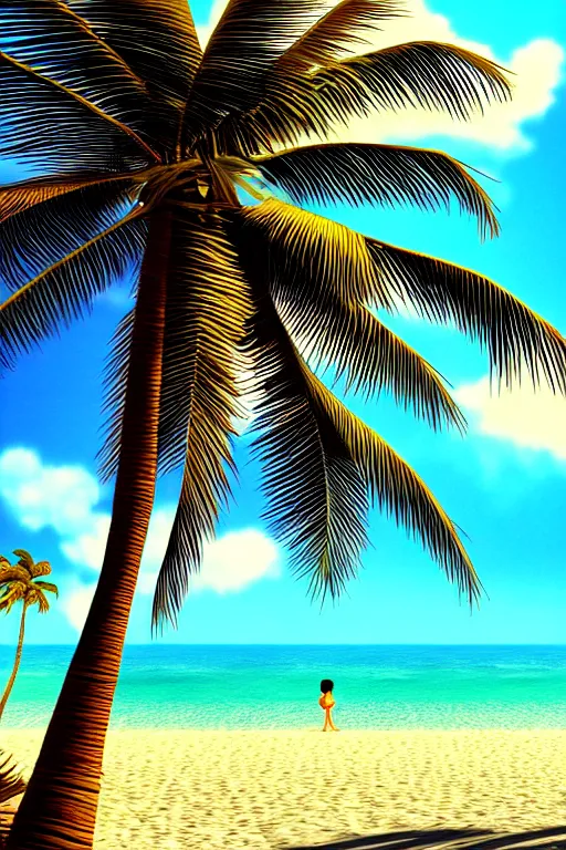 Image similar to beach, ocean, palm trees, sunshine, first person view, scenery wallpaper aesthetic, beautiful, cinematic, dramatic, super detailed and intricate, hyper realistic, 4 k render, by satoshi kon, by kentaro miura