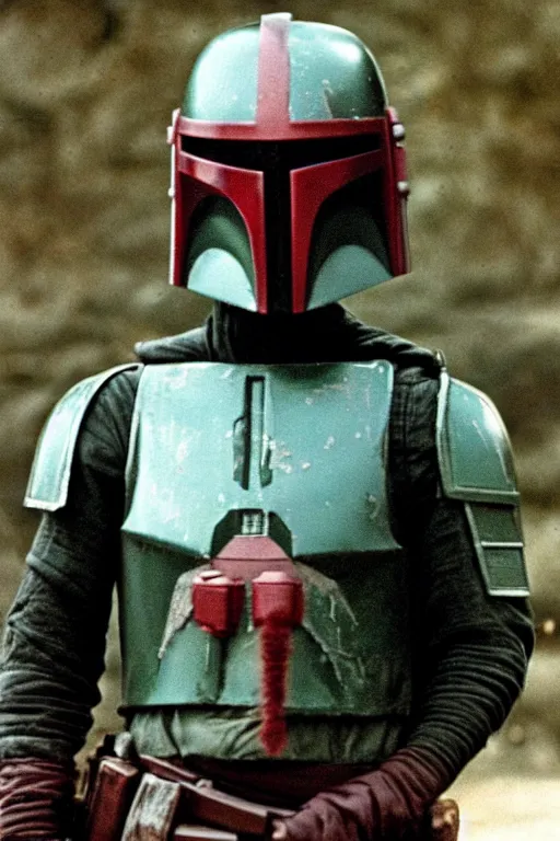 Image similar to boba fett helmet slashed open partially exposed face scowling. screenshot from 1977 Star Wars