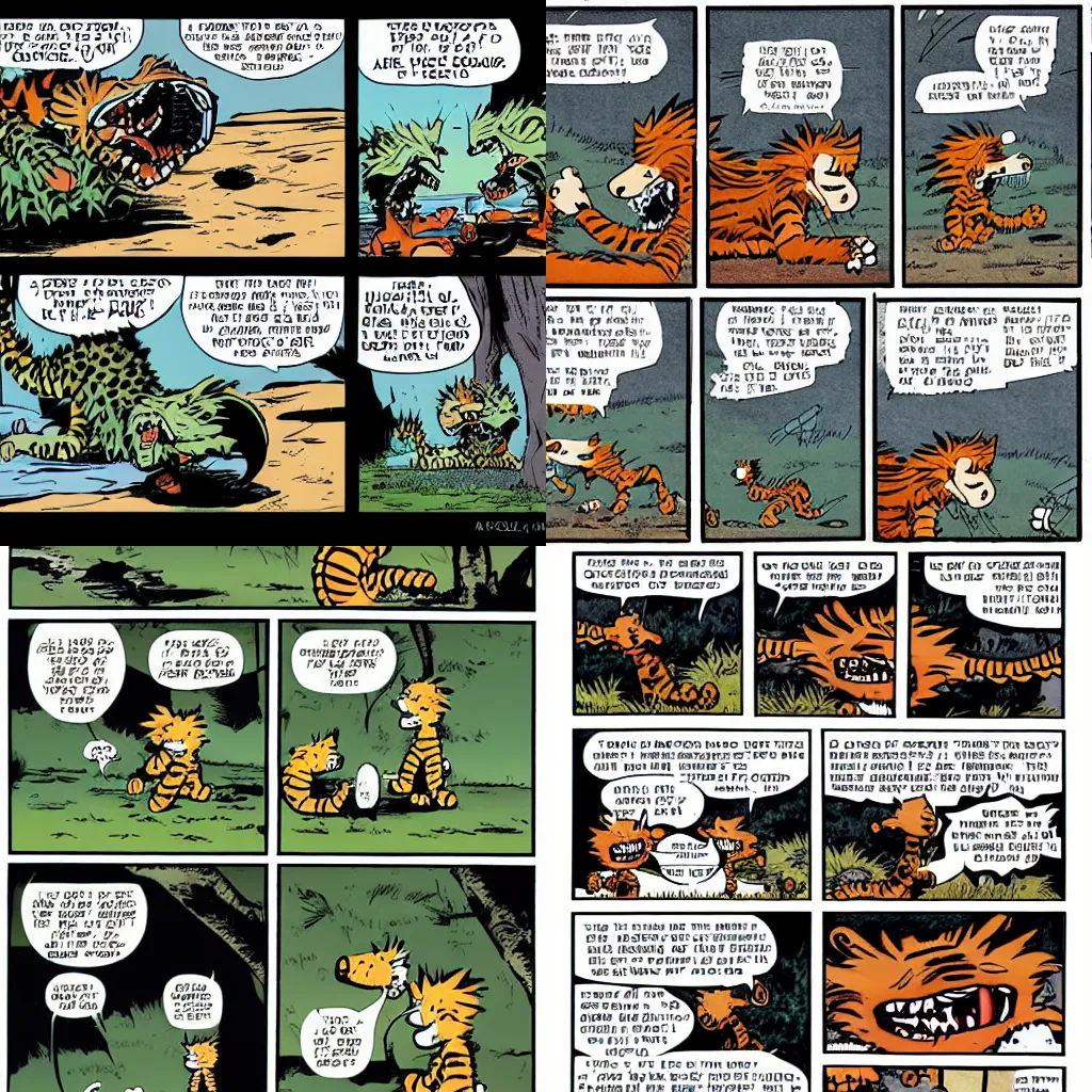 Prompt: calvin and hobbes fight a predator, sunday morning comic strip